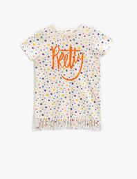 Yıldız Baskılı Püsküllü Tişört Kısa Kollu Bisiklet Yaka