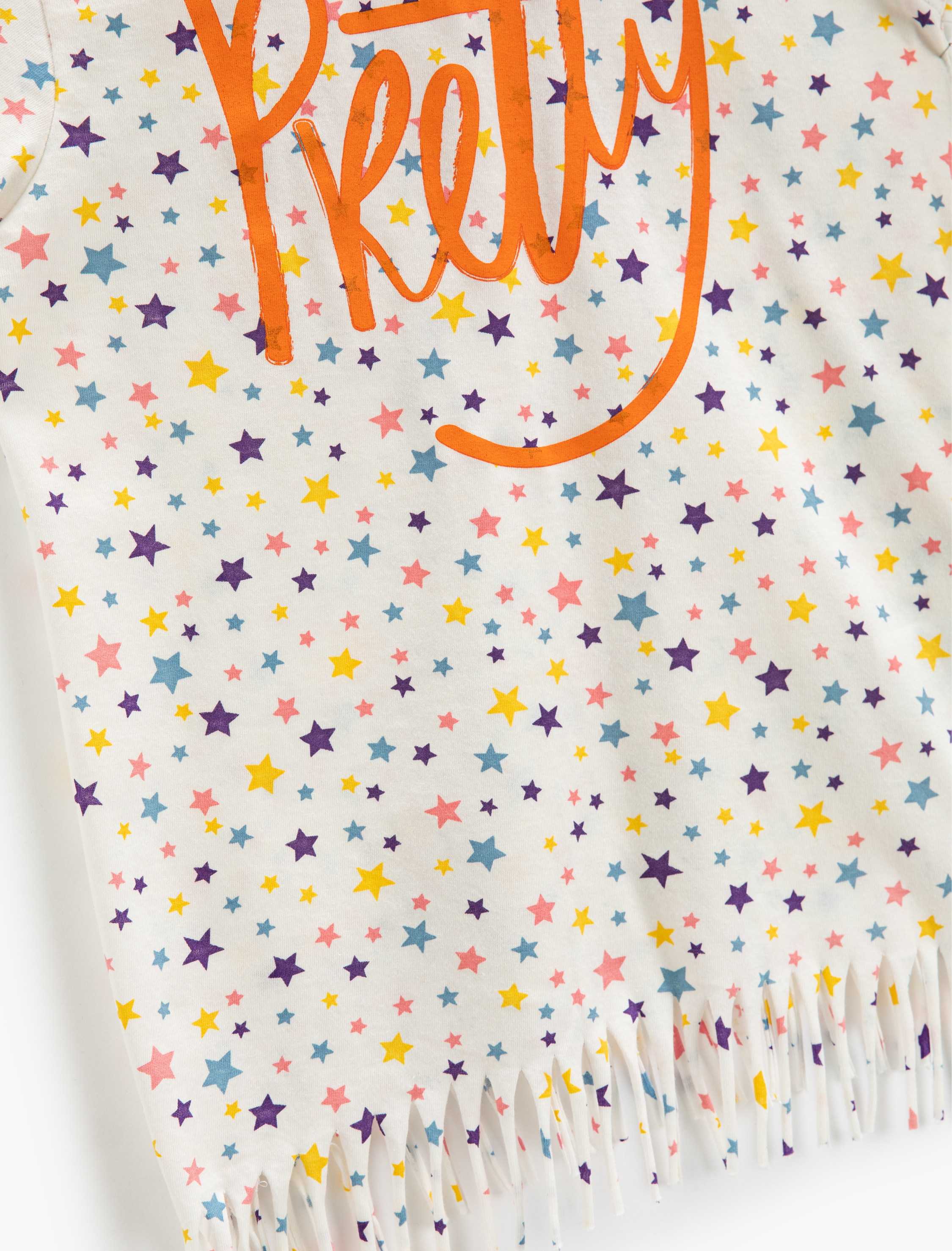  Kız Çocuk Yıldız Baskılı Püsküllü Tişört Kısa Kollu Bisiklet Yaka