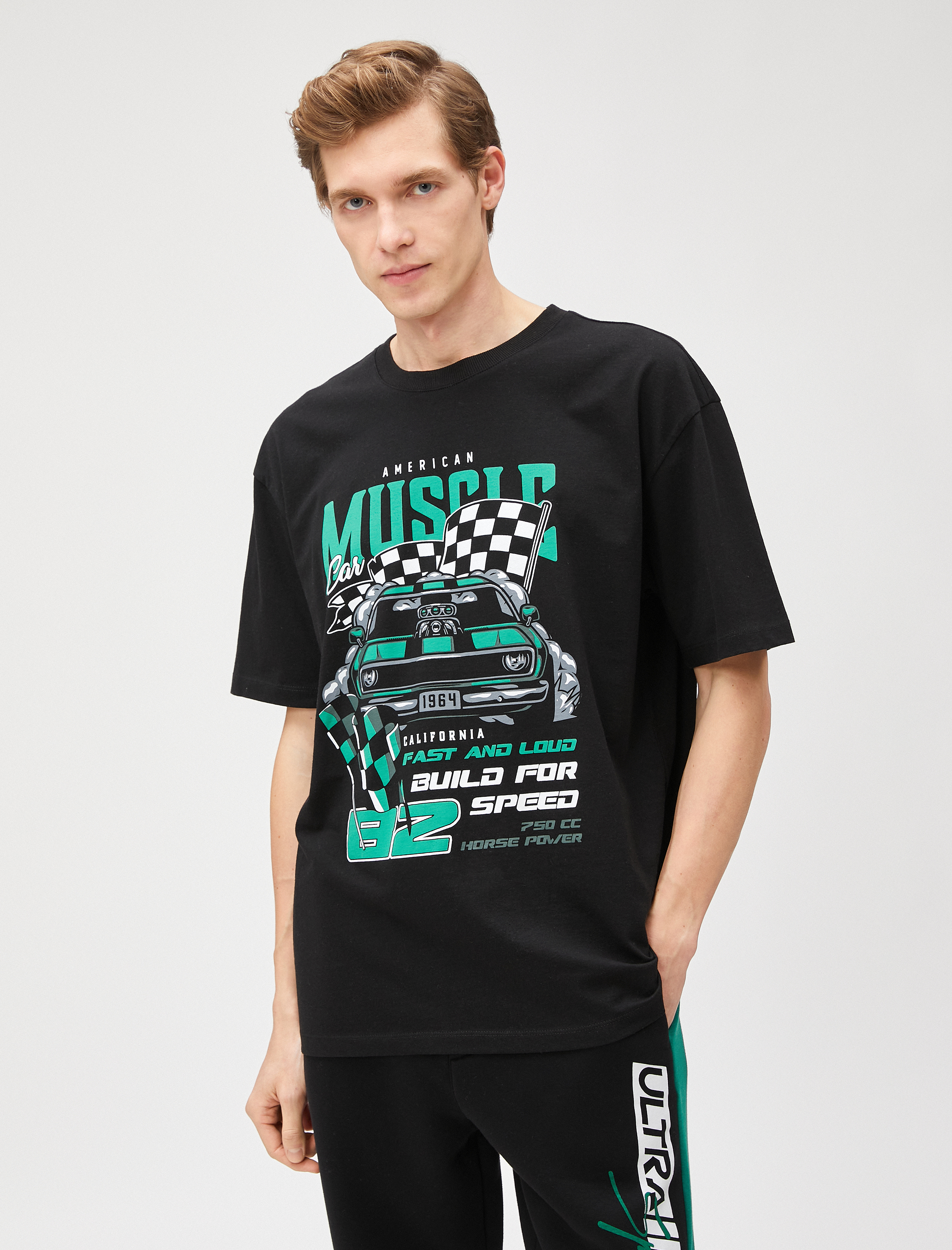 Oversize Tişört Yarış Baskılı Bisiklet Yaka Yarım Kollu