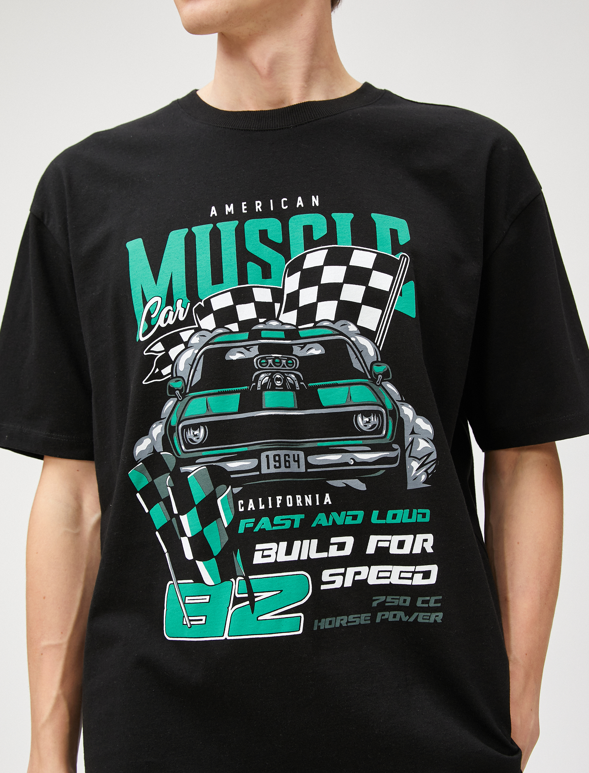 Oversize Tişört Yarış Baskılı Bisiklet Yaka Yarım Kollu