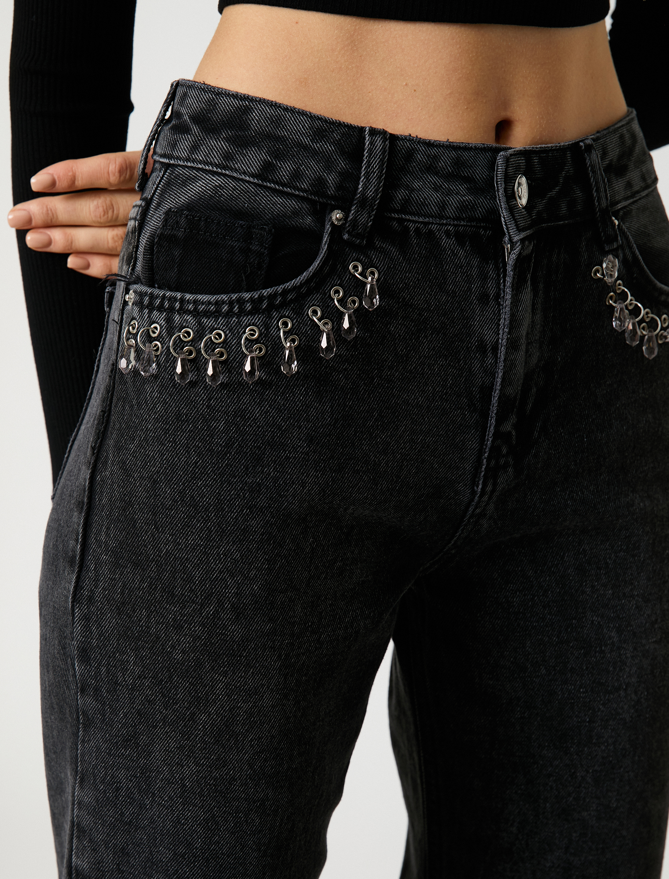   Düz Paça Kot Pantolon Yüksek Bel Taş Detaylı - Nora Jean