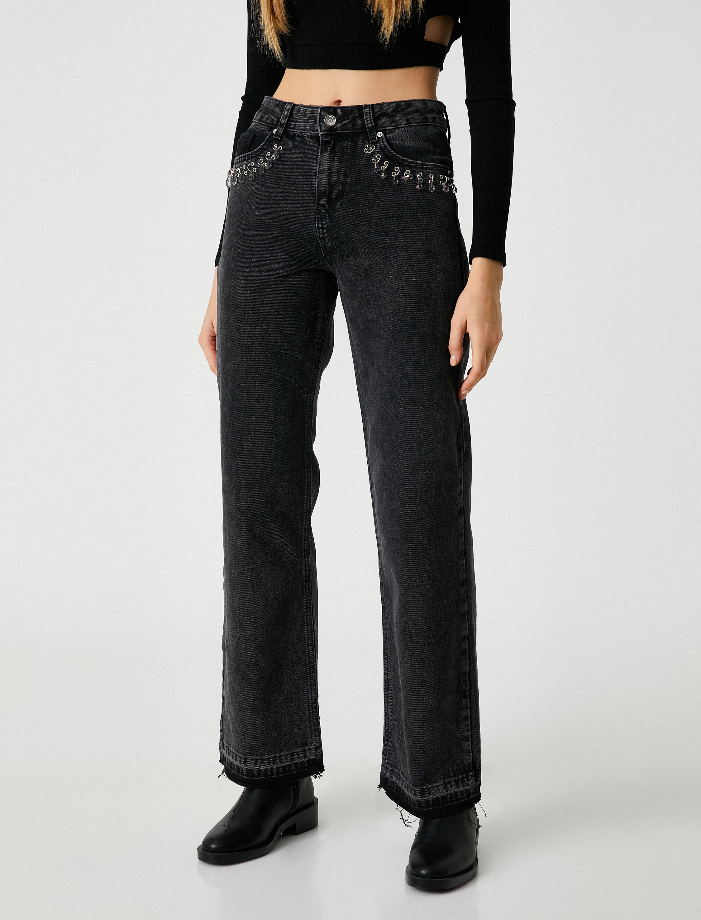   Düz Paça Kot Pantolon Yüksek Bel Taş Detaylı - Nora Jean