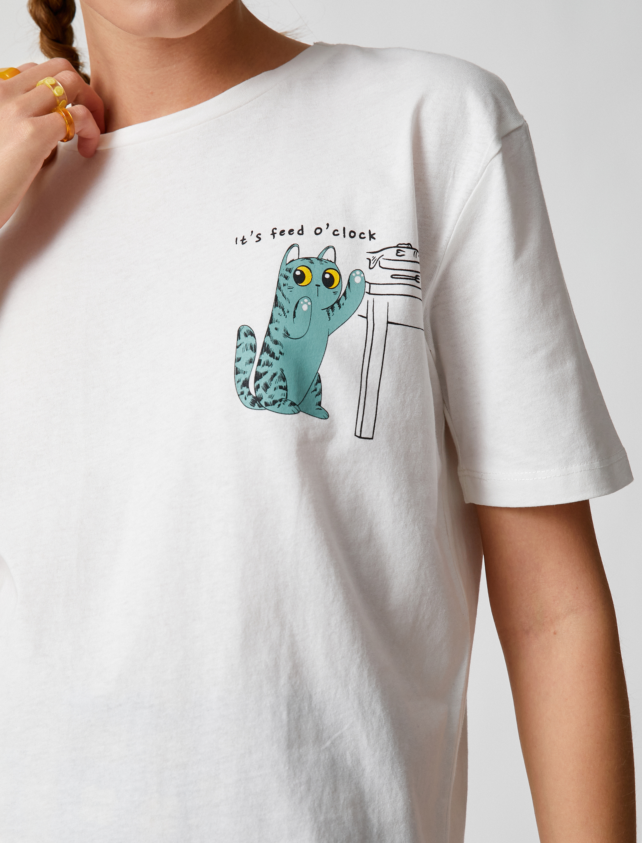   Pamuklu Tişört Baskılı Bisiklet Yaka Kısa Kollu