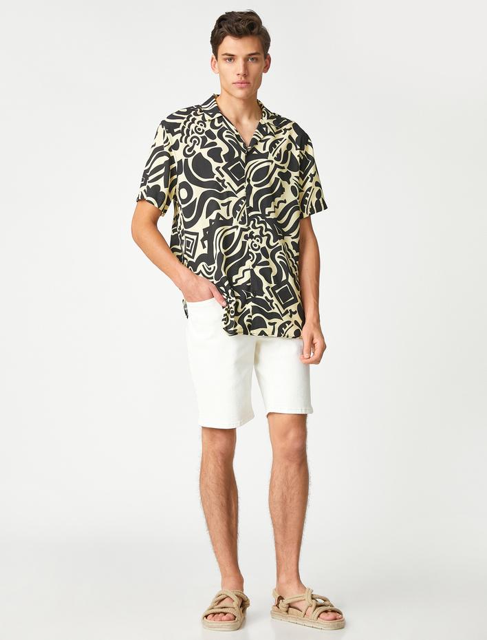  Yazlık Gömlek Kısa Kollu Devrik Yaka Soyut Baskı Detaylı