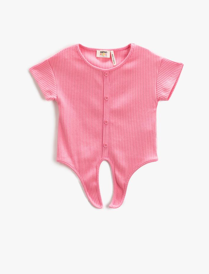 Kız Çocuk Basic Crop Tişört Beli Bağlamalı Fitilli Düğmeli Kısa Kollu