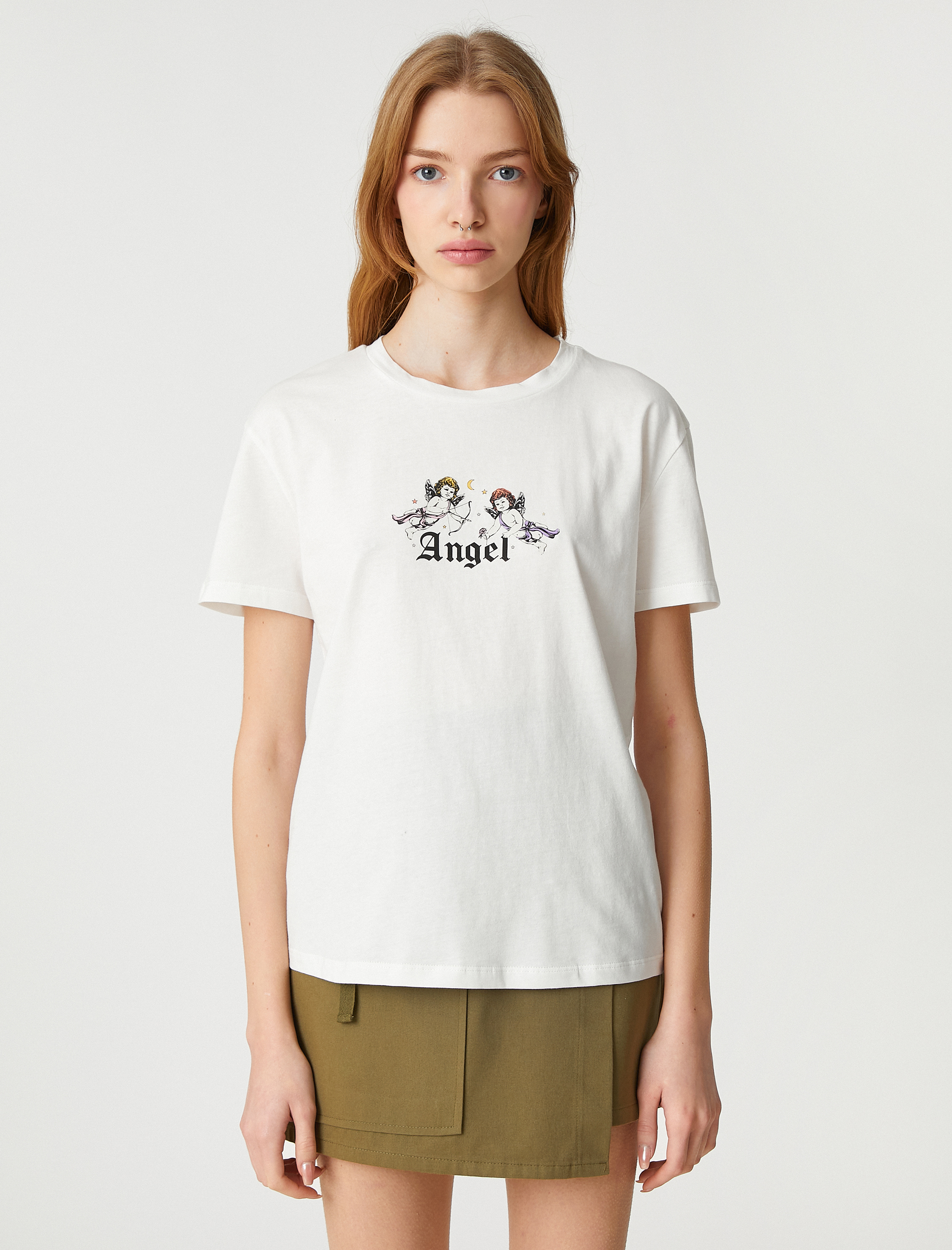   Pamuklu Tişört Baskılı Kısa Kollu Bisiklet Yaka