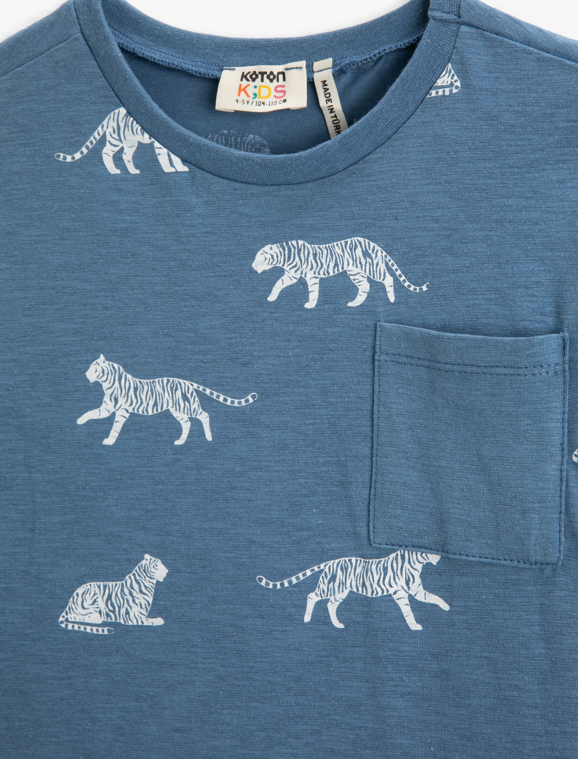  Erkek Çocuk Kaplan Baskılı Tişört Kısa Kollu Bisiklet Yaka Cep Detaylı Pamuklu