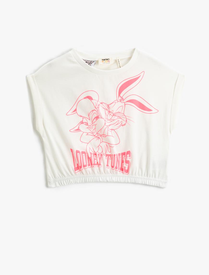  Kız Çocuk Lola Bunny ve Bugs Bunny Crop Tişört Lisanslı Kısa Kollu Bisiklet Yaka Pamuklu