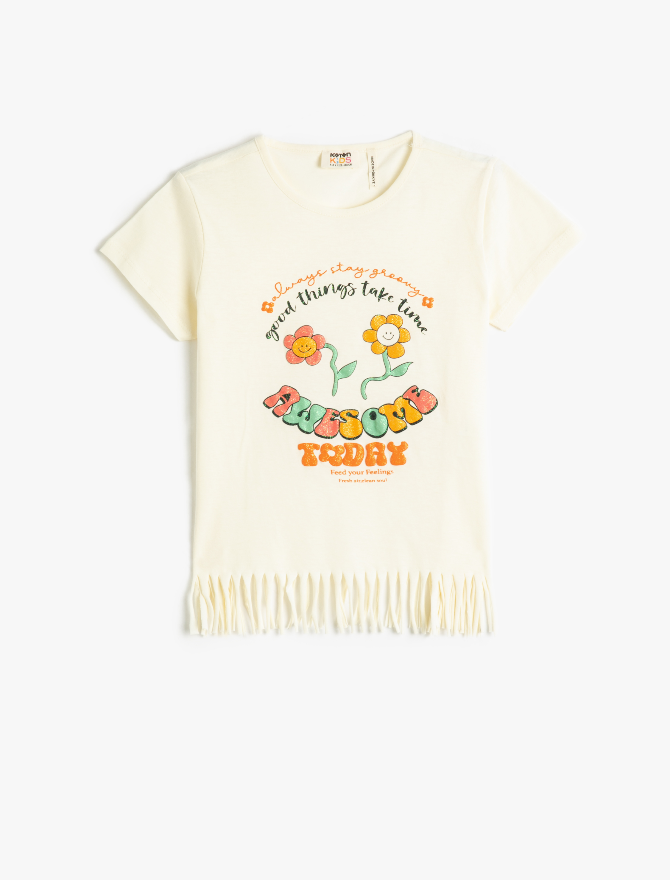  Kız Çocuk Tişört Püsküllü Kısa Kollu Baskılı Simli Pamuklu