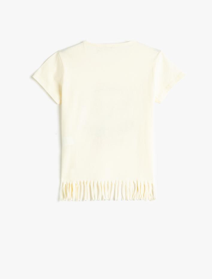 Kız Çocuk Tişört Püsküllü Kısa Kollu Baskılı Simli Pamuklu