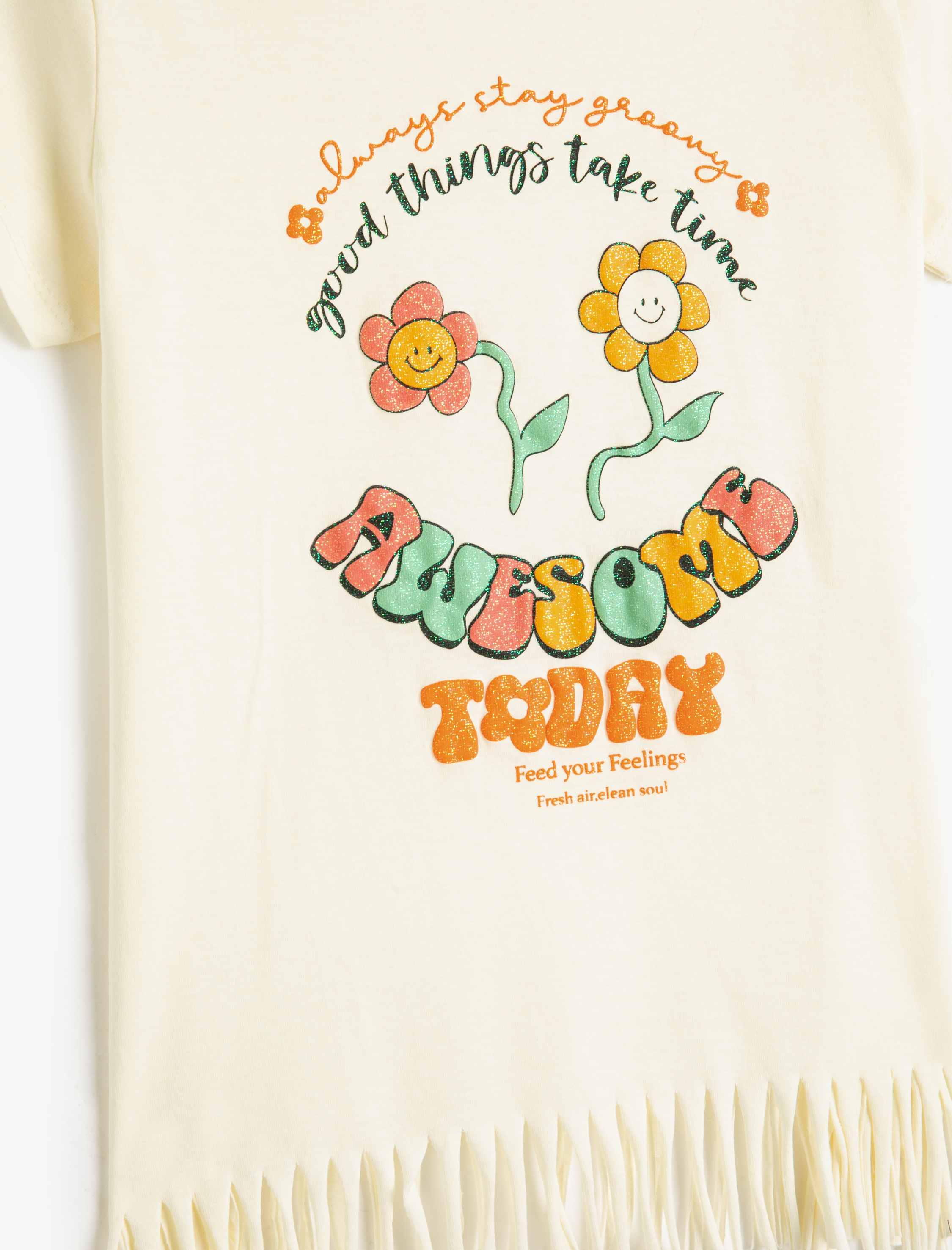  Kız Çocuk Tişört Püsküllü Kısa Kollu Baskılı Simli Pamuklu