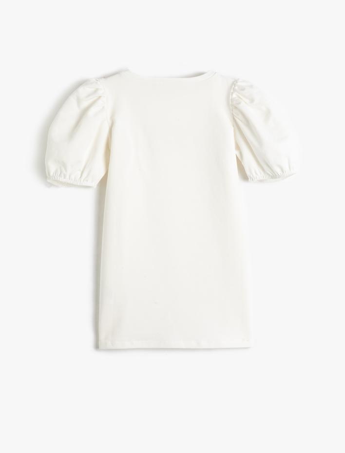 Kız Çocuk Elbise Mini Kısa Balon Kollu Yuvarlak Yaka Kelebek Baskı Detaylı