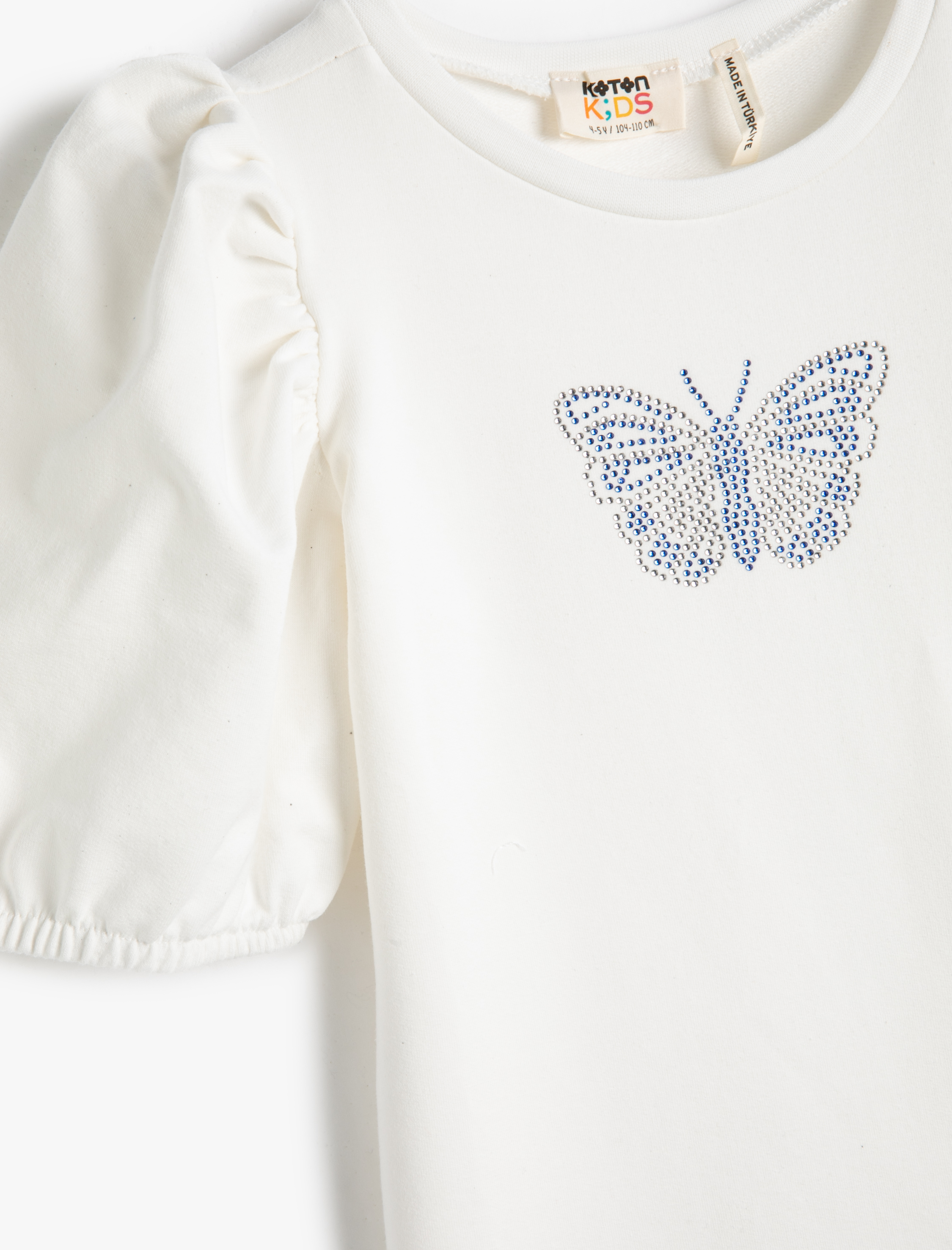  Kız Çocuk Elbise Mini Kısa Balon Kollu Yuvarlak Yaka Kelebek Baskı Detaylı