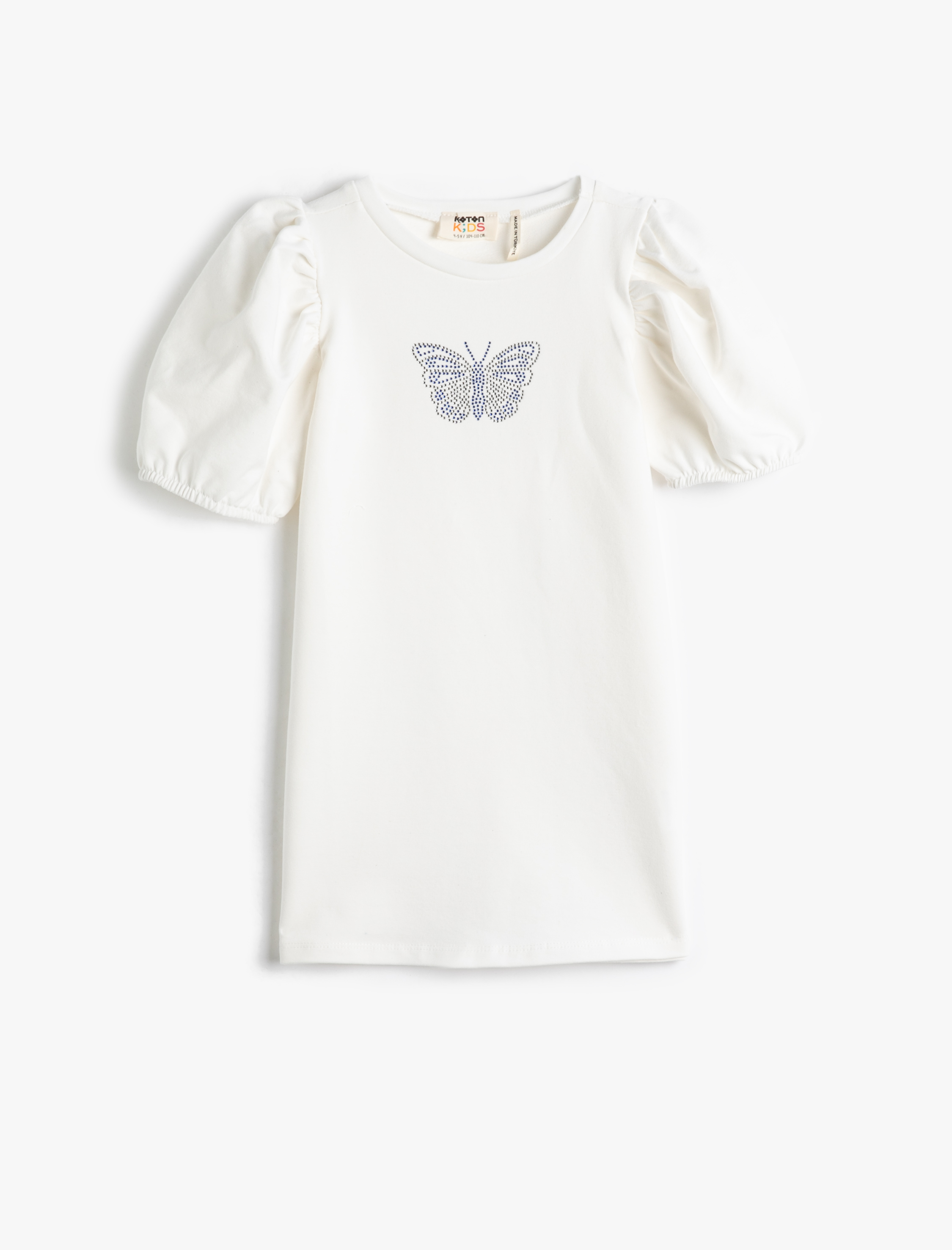  Kız Çocuk Elbise Mini Kısa Balon Kollu Yuvarlak Yaka Kelebek Baskı Detaylı