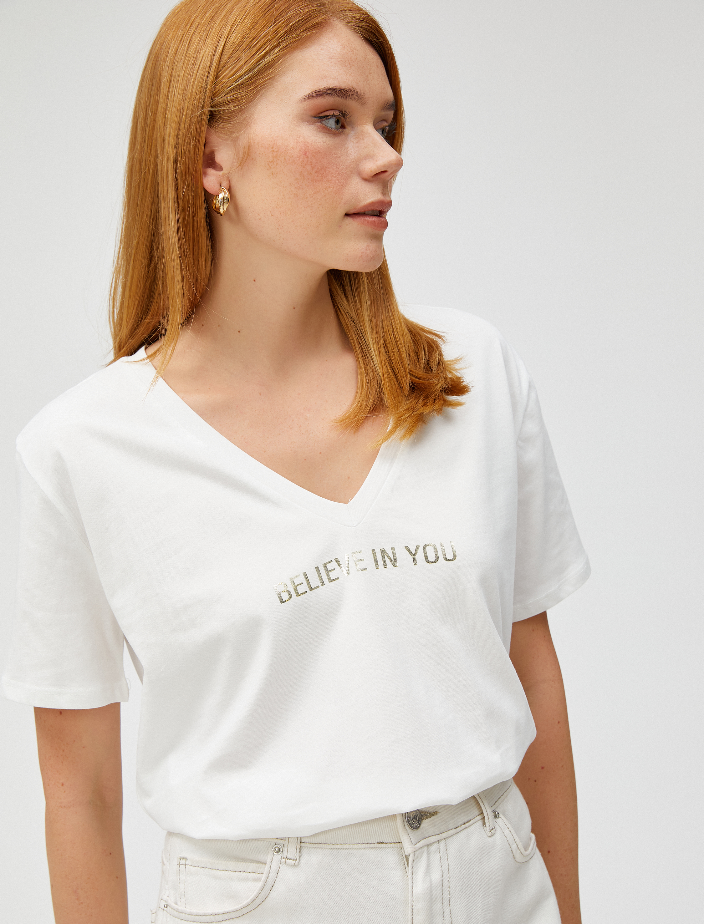   Yazı Baskılı Tişört V Yaka