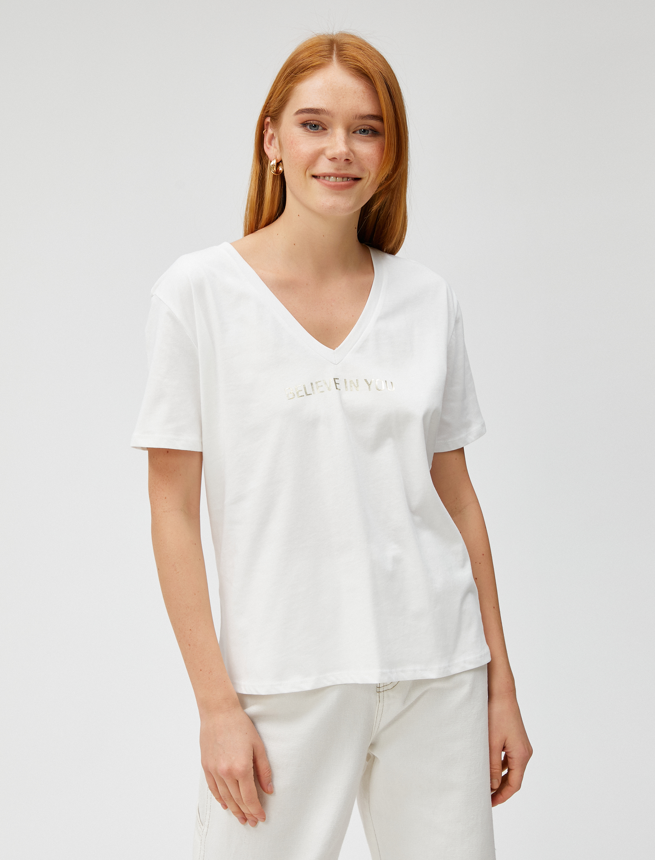   Yazı Baskılı Tişört V Yaka