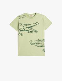 Tişört Timsah Baskılı Kısa Kollu Bisiklet Yaka Pamuklu