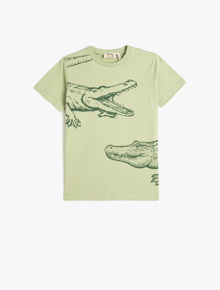 Erkek Çocuk Tişört Timsah Baskılı Kısa Kollu Bisiklet Yaka Pamuklu