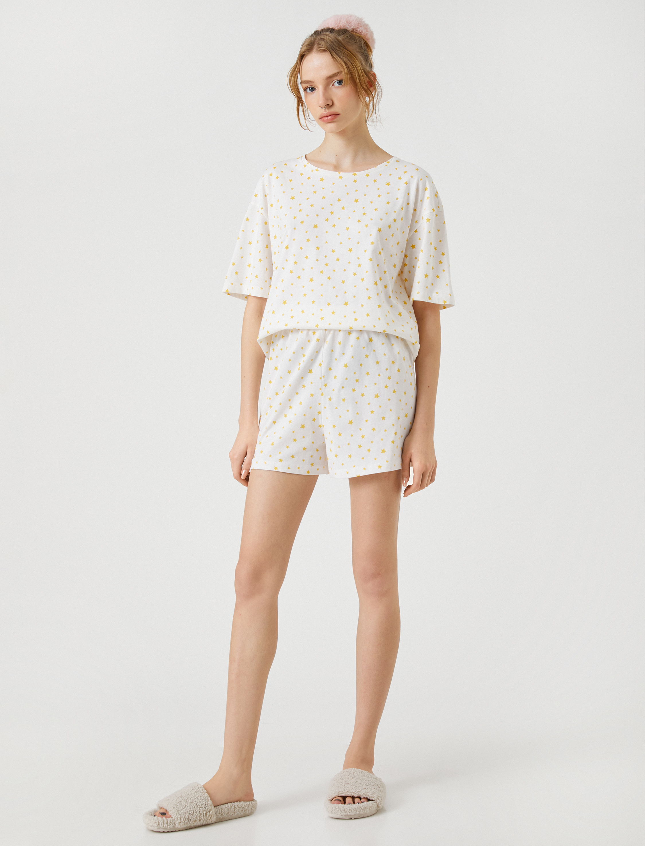   Pamuklu Pijama Takımı Kısa Kollu Baskılı Şortlu