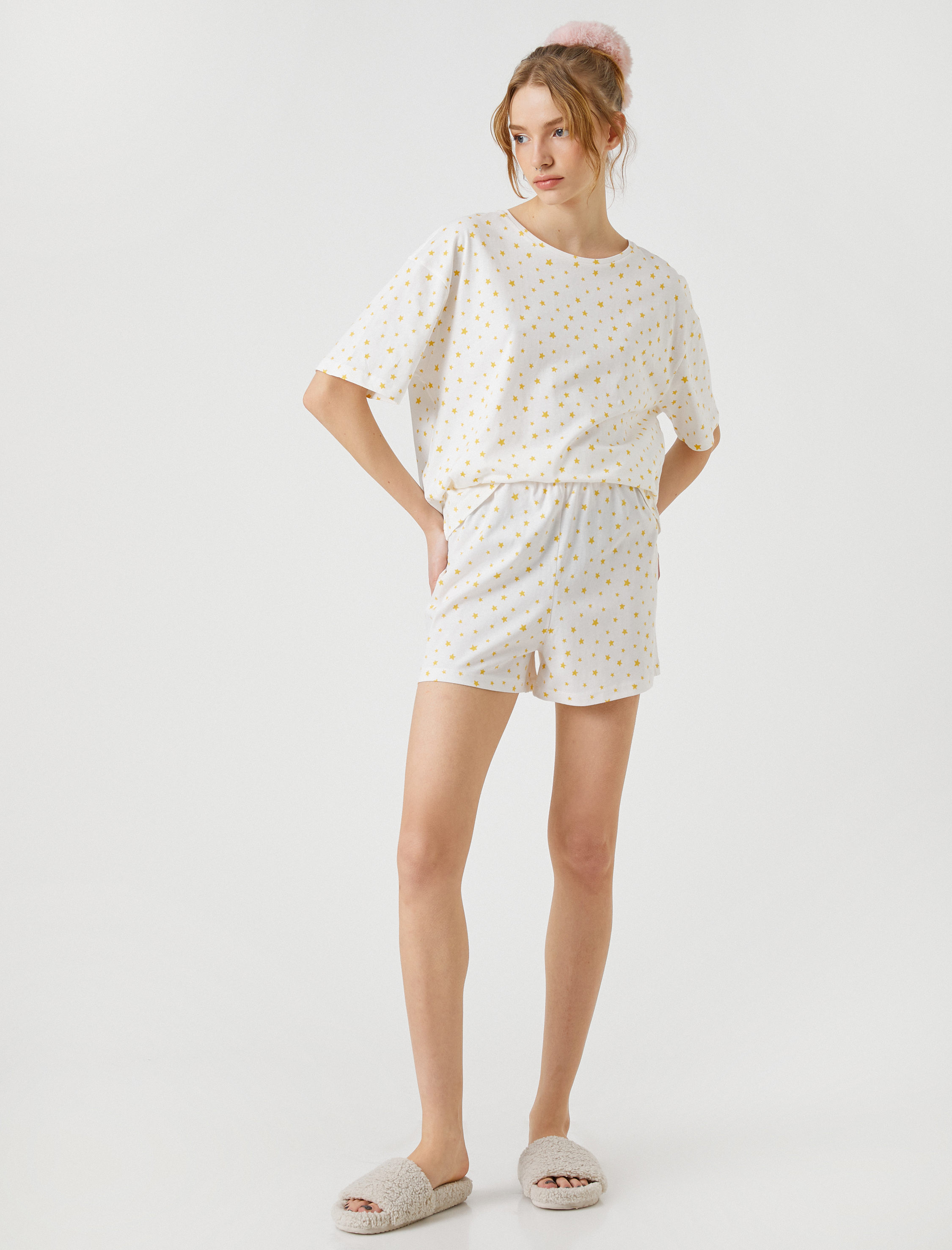   Pamuklu Pijama Takımı Kısa Kollu Baskılı Şortlu