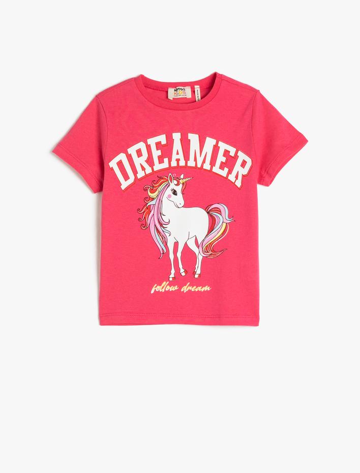 Kız Çocuk Tişört Kısa Kollu Unicorn Baskılı Bisiklet Yaka Pamuklu