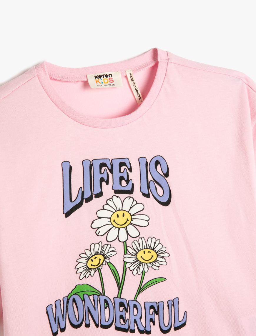  Kız Çocuk Crop Oversize Tişört Kısa Kollu Bisiklet Yaka Baskılı Pamuklu