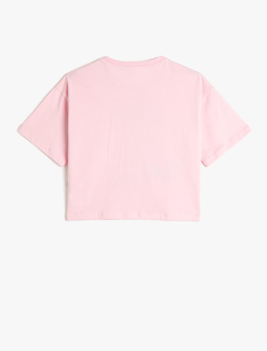  Kız Çocuk Crop Oversize Tişört Kısa Kollu Bisiklet Yaka Baskılı Pamuklu