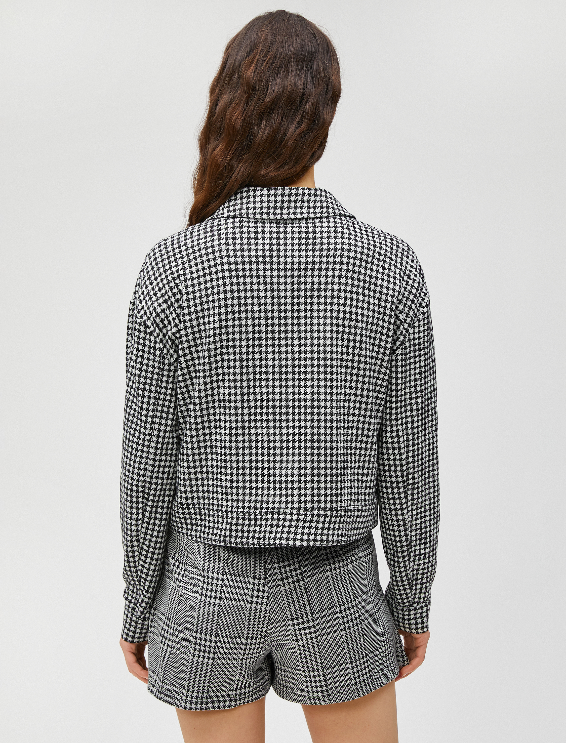   Kazayağı Desenli Ceket Cep Detaylı Düğmeli Gömlek Yaka