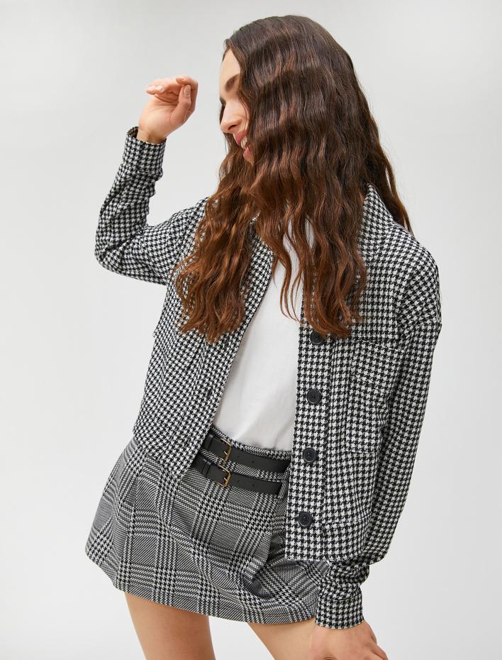  Kazayağı Desenli Ceket Cep Detaylı Düğmeli Gömlek Yaka