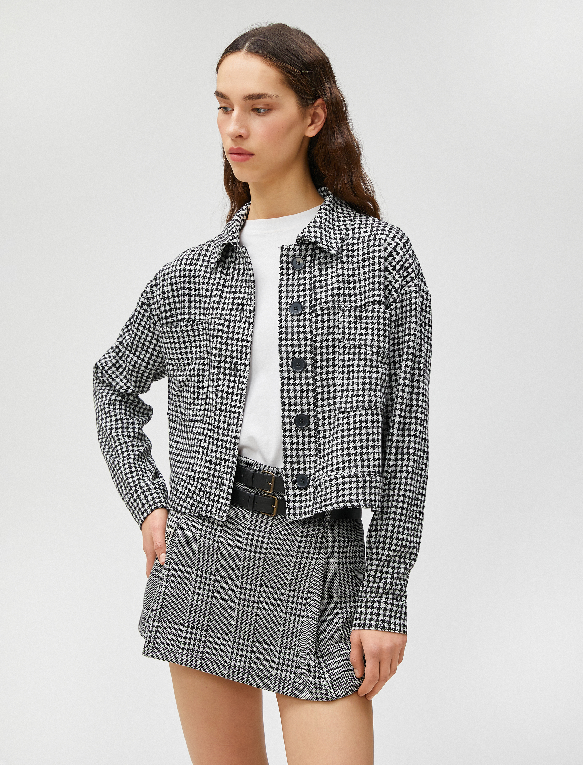   Kazayağı Desenli Ceket Cep Detaylı Düğmeli Gömlek Yaka