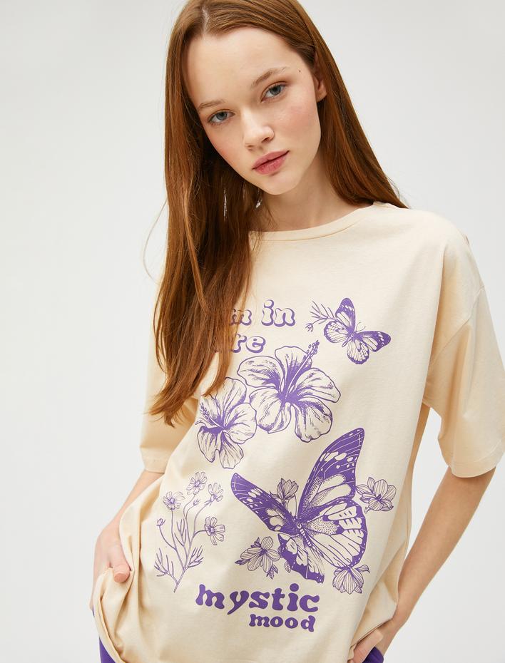  Baskılı Tişört Bisiklet Yaka Kısa Kollu Pamuklu