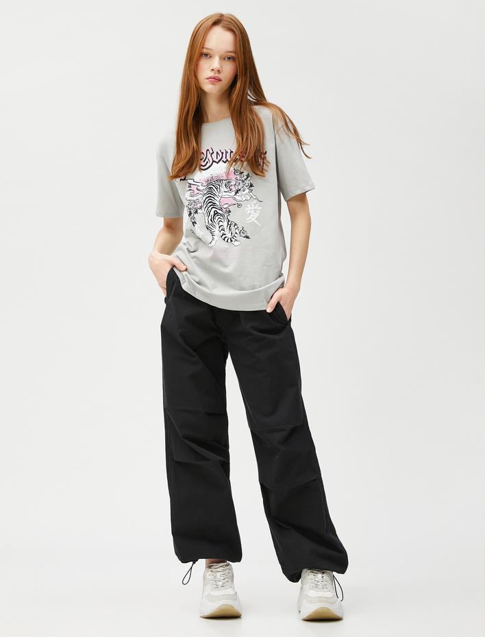  Baskılı Tişört Kısa Kollu Bisiklet Yaka Pamuklu