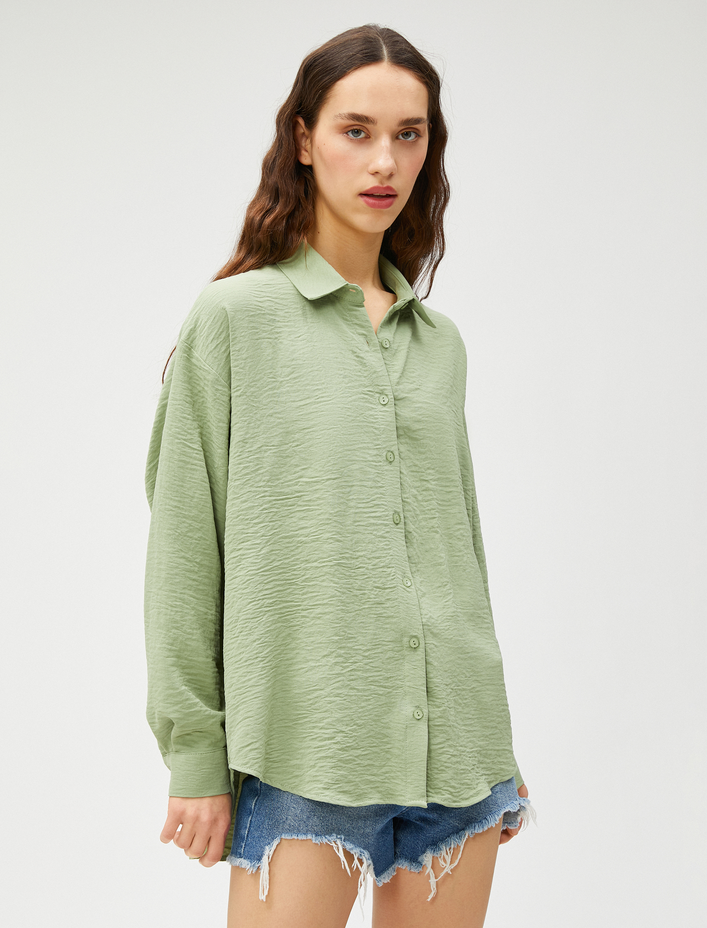   Oversize Gömlek Uzun Kollu Düğmeli Klasik Yaka