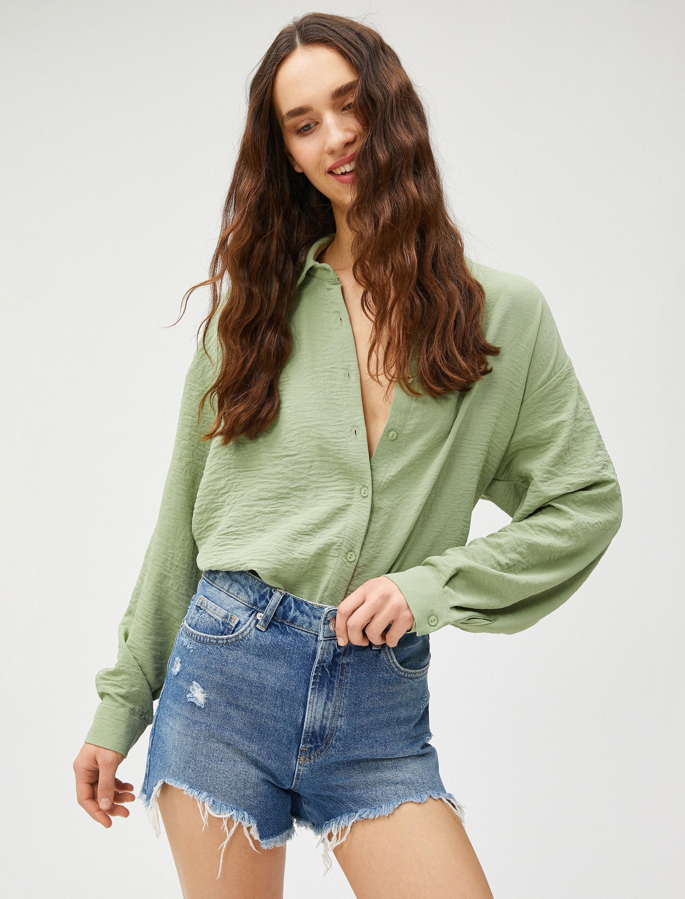   Oversize Gömlek Uzun Kollu Düğmeli Klasik Yaka