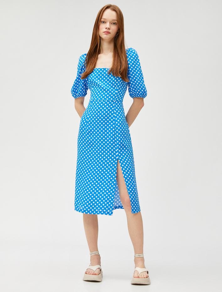  Midi Puantiyeli Elbise Kare Yaka Balon Kollu Yırtmaçlı