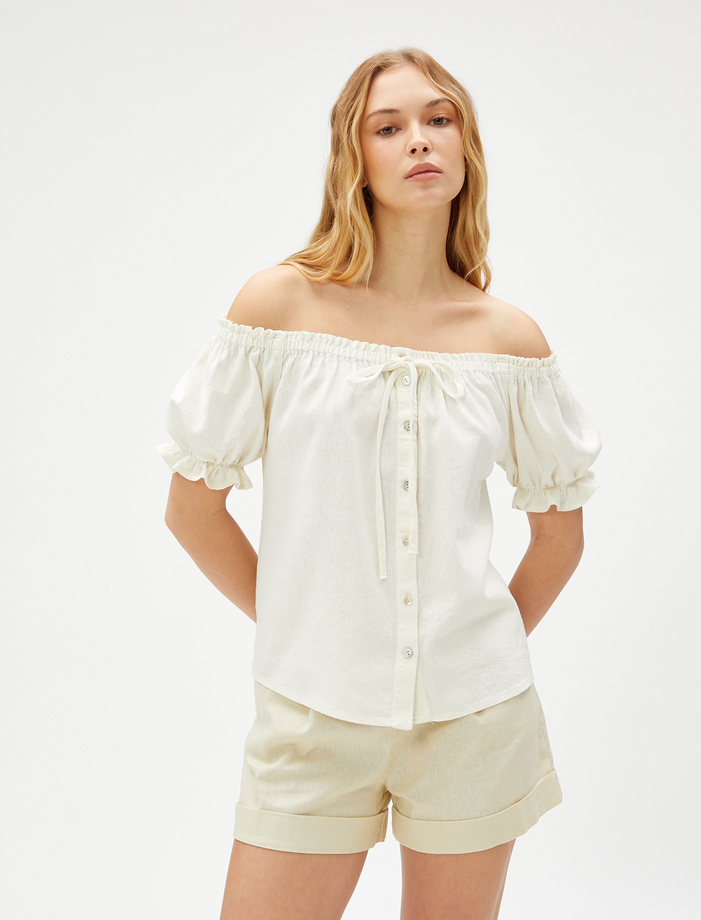   Omzu Açık Gömlek Keten Karışımlı