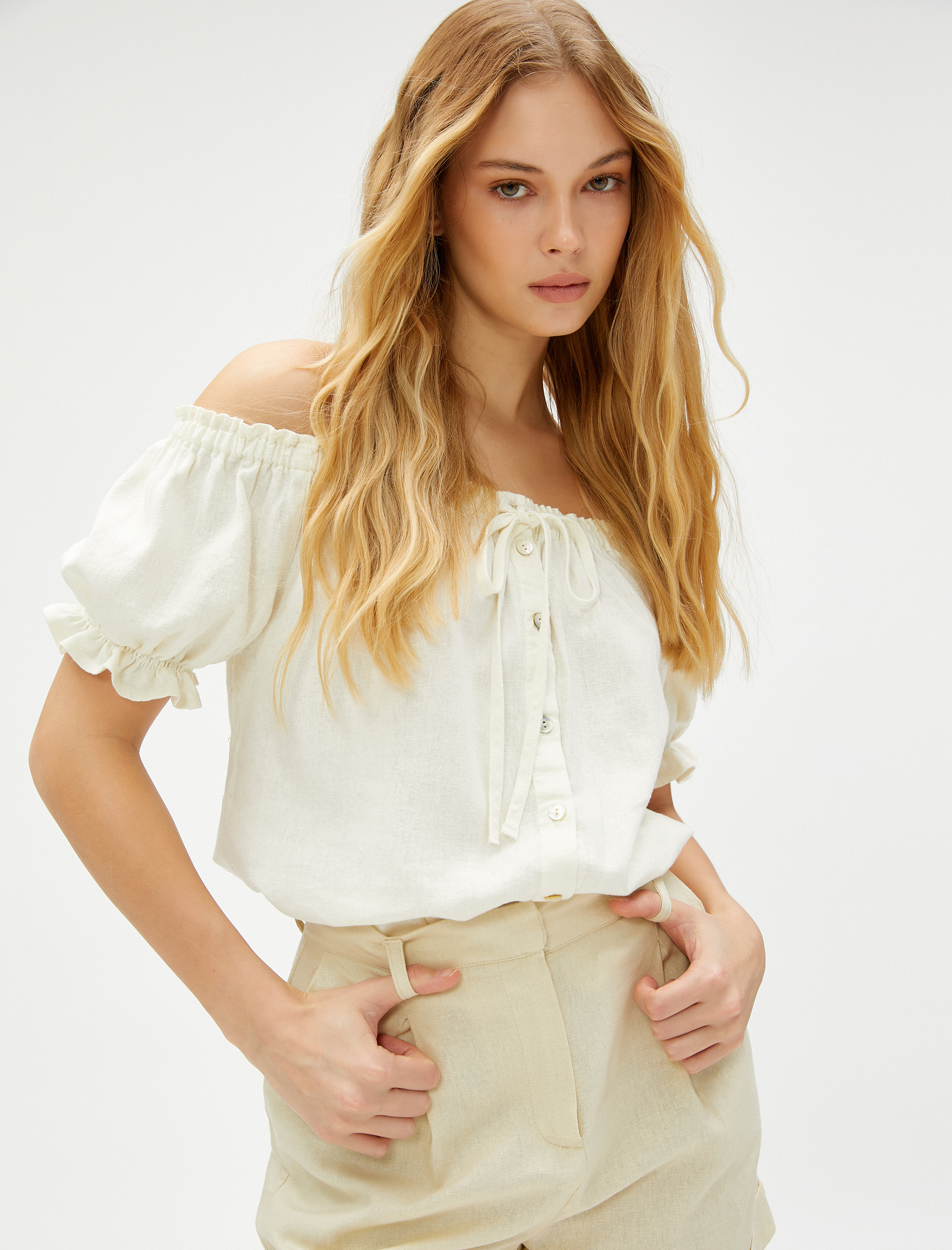   Omzu Açık Gömlek Keten Karışımlı