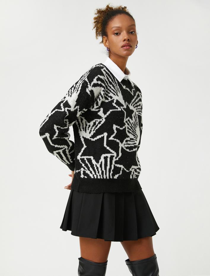  Örgü Kazak Yuvarlak Yaka Uzun Kollu Yıldız Desenli