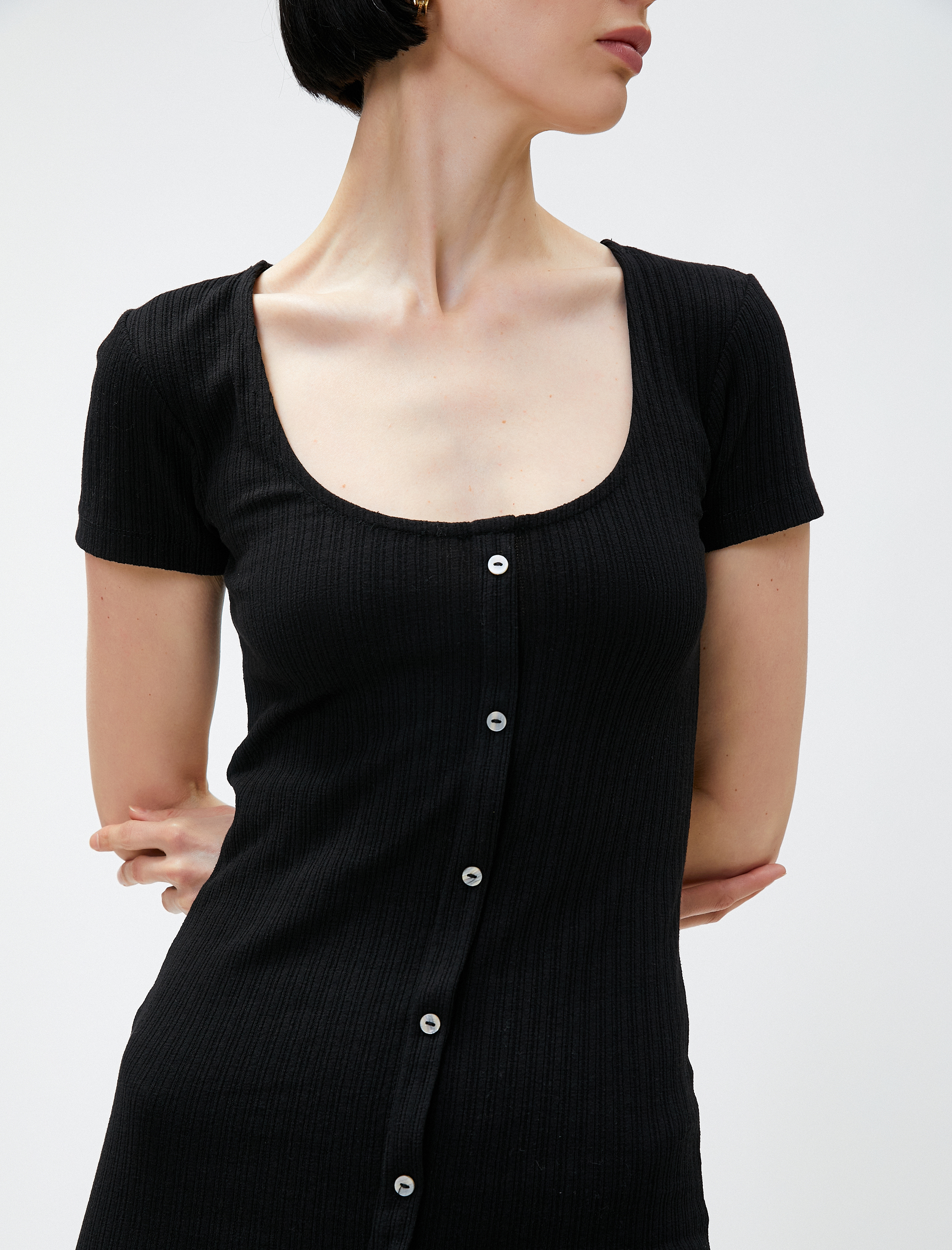   Dar Kesim Midi Elbise Düğmeli Yırtmaçlı