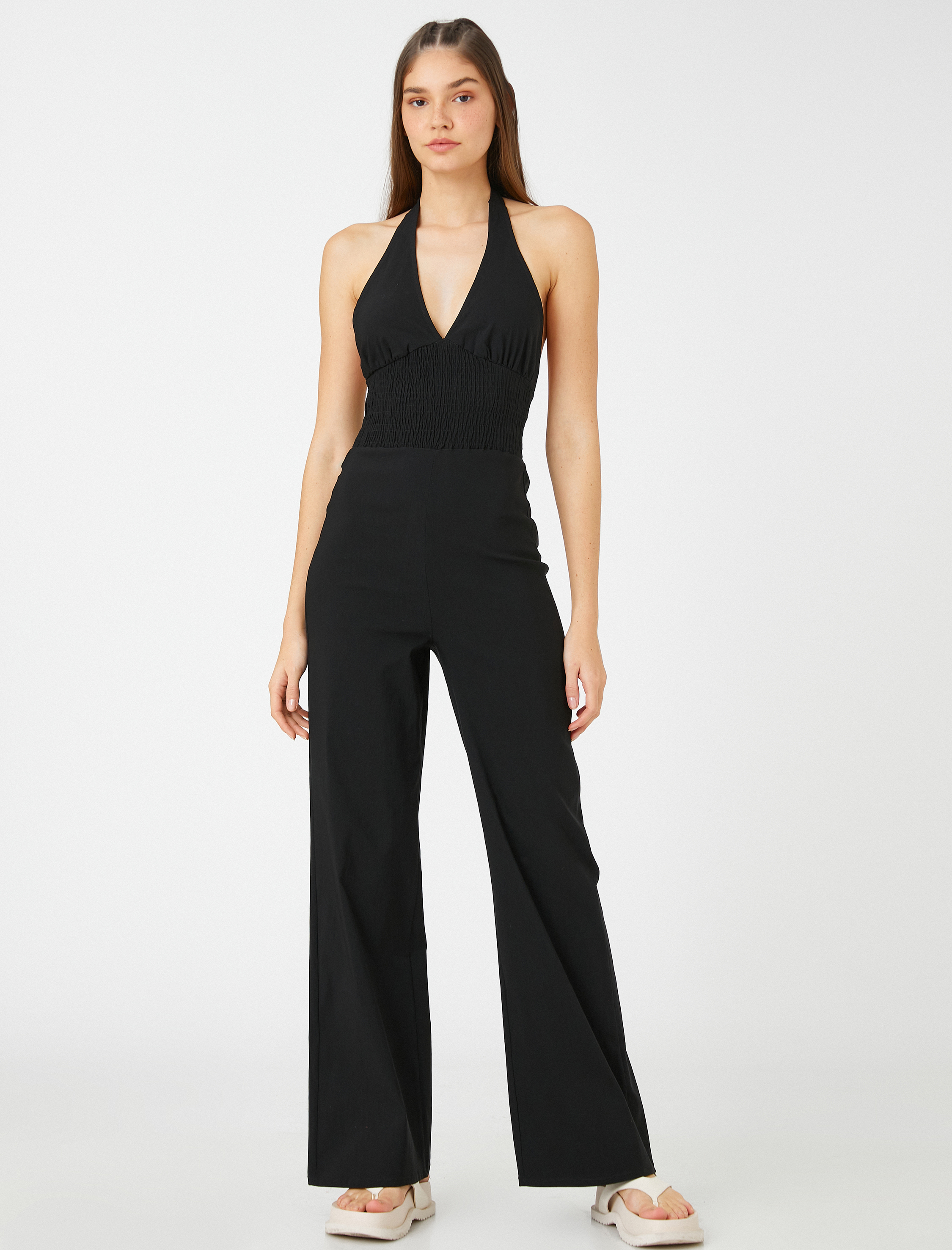   Geniş Paça Tulum Halter Yaka Beli Gipeli