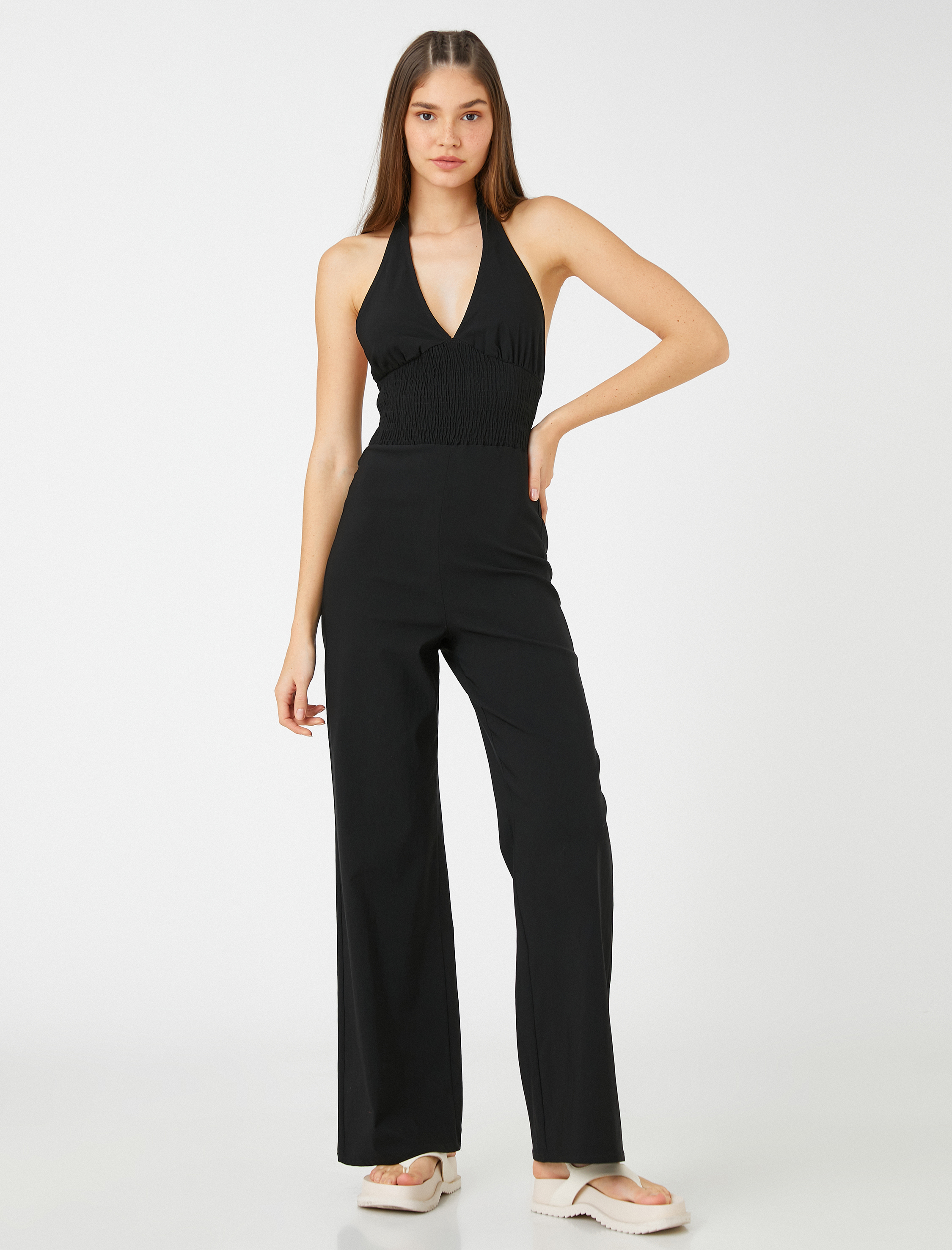   Geniş Paça Tulum Halter Yaka Beli Gipeli