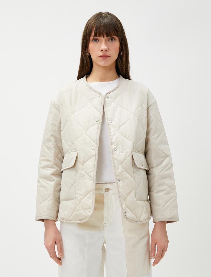   Oversize Kapitone Mont Cepli Yuvarlak Yaka