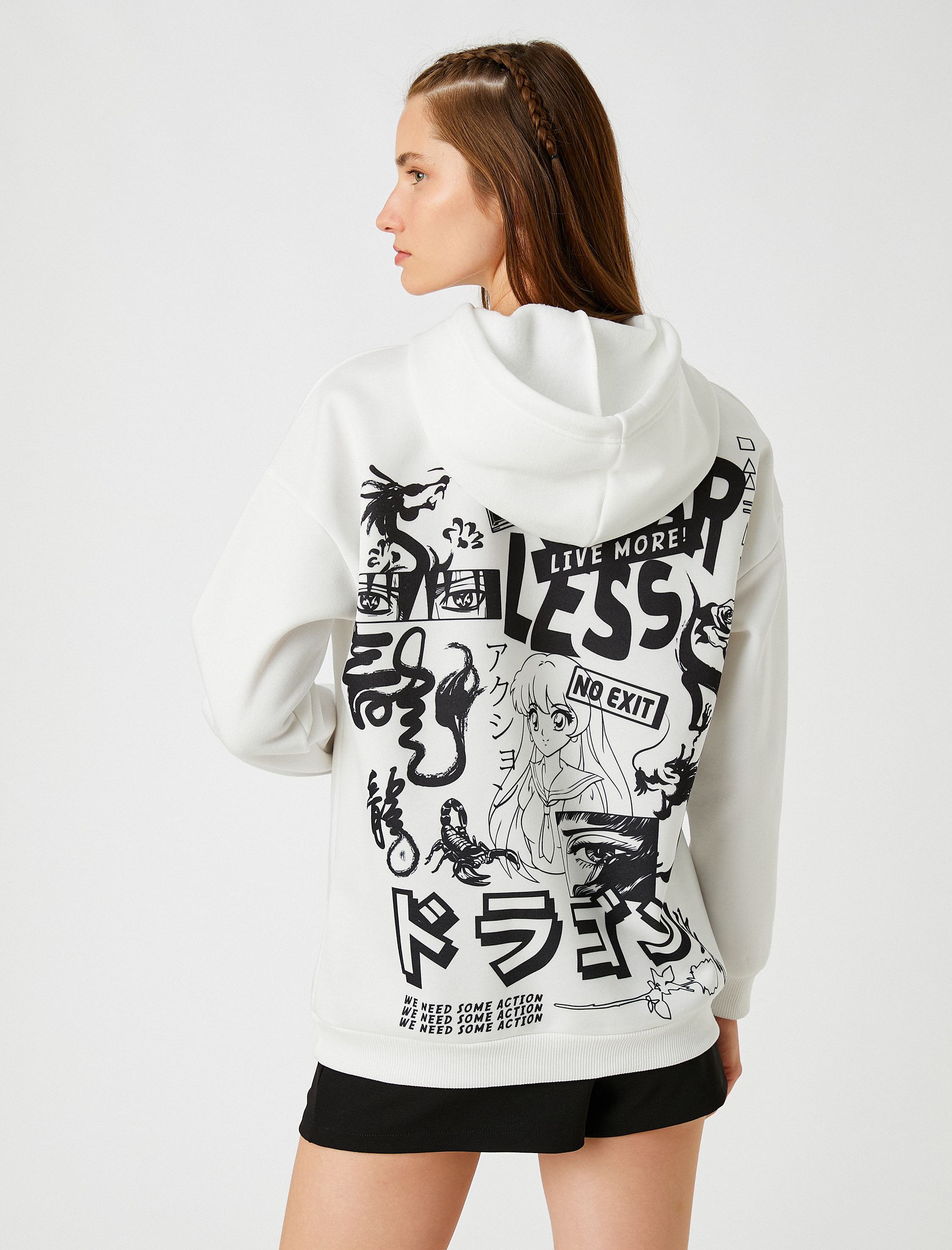   Oversize Baskılı Kapüşonlu Sweatshirt İçi Polarlı