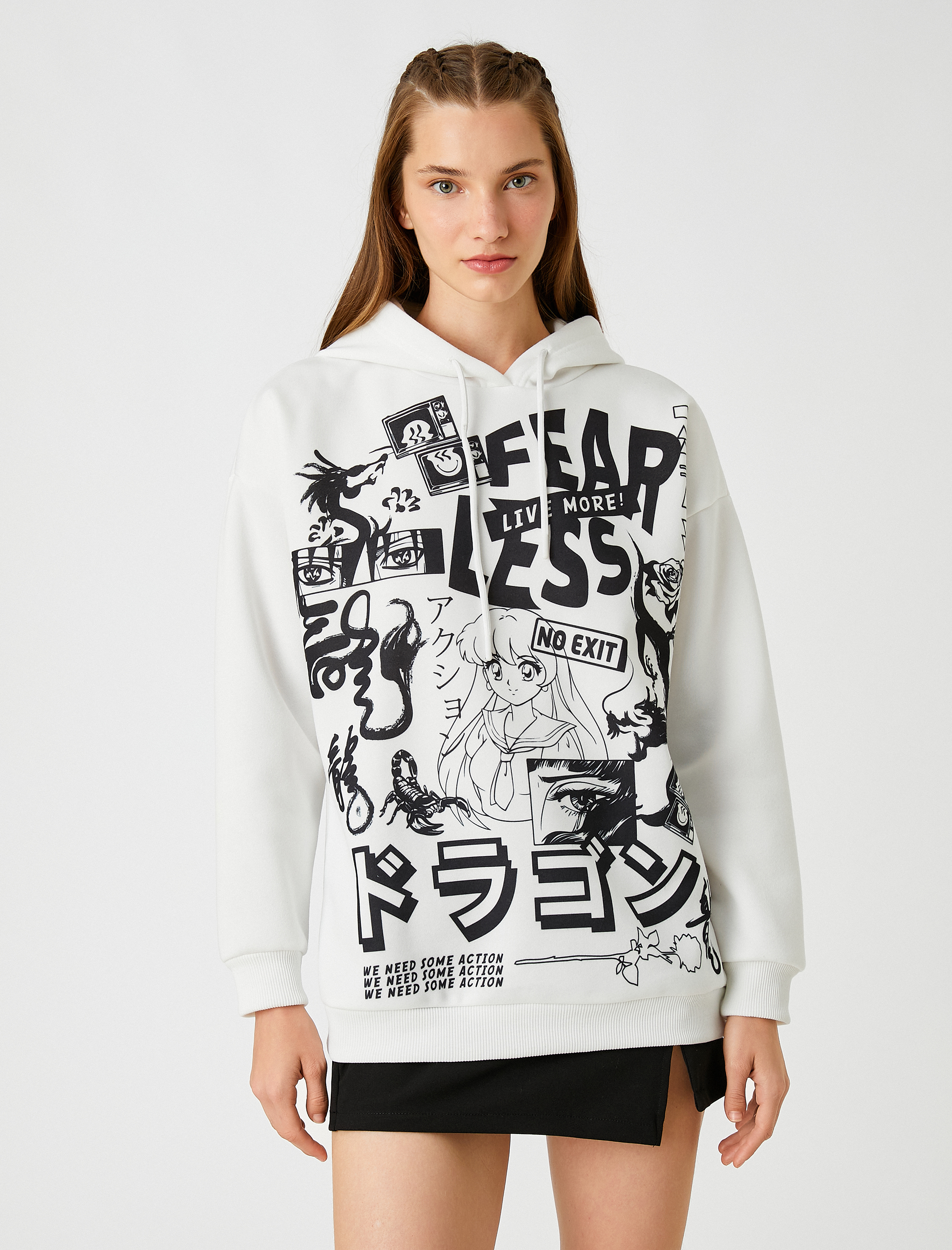   Oversize Baskılı Kapüşonlu Sweatshirt İçi Polarlı