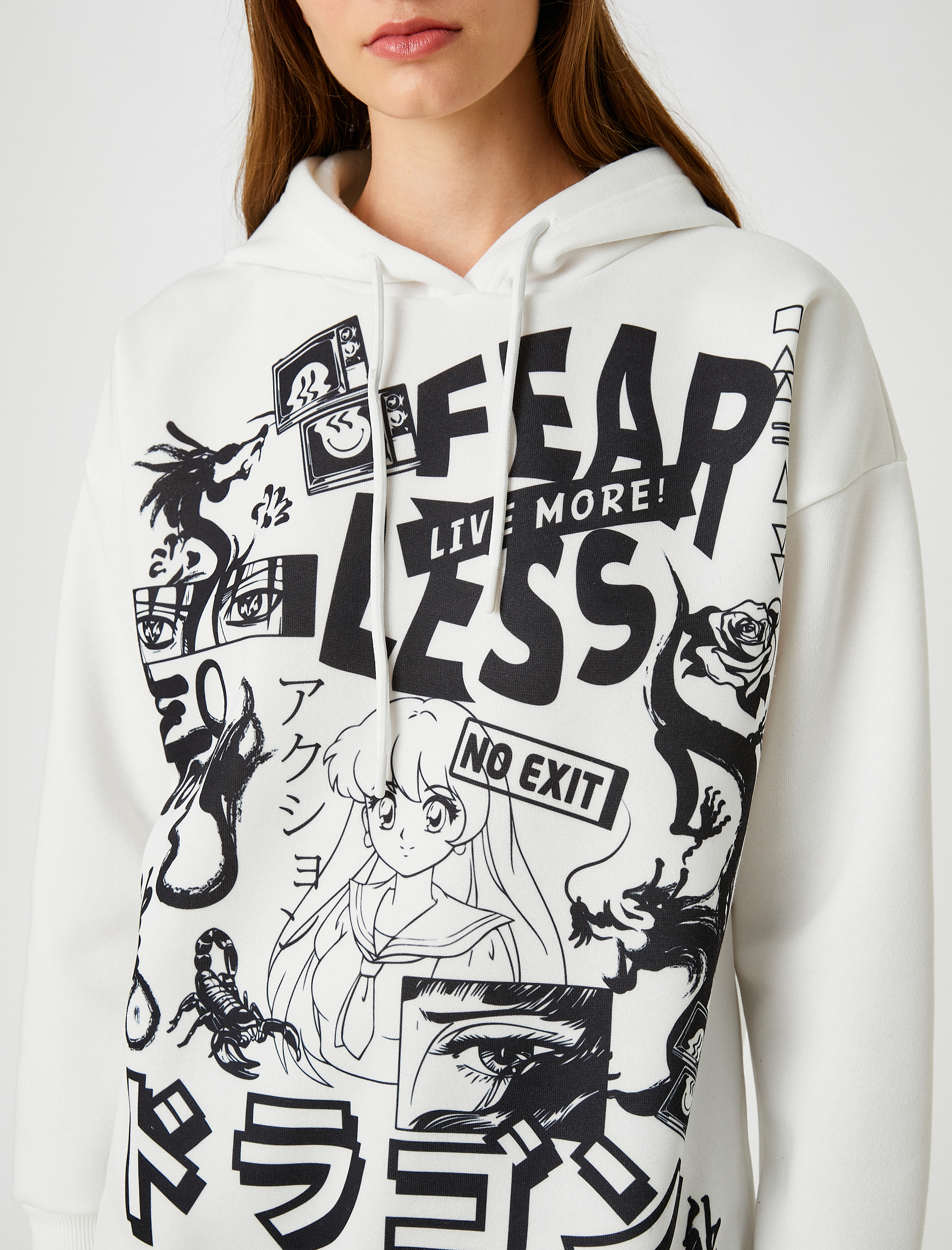   Oversize Baskılı Kapüşonlu Sweatshirt İçi Polarlı