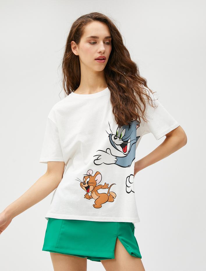  Tom ve Jerry Tişört Oversize Baskılı Lisanslı Kısa Kollu Bisiklet Yaka