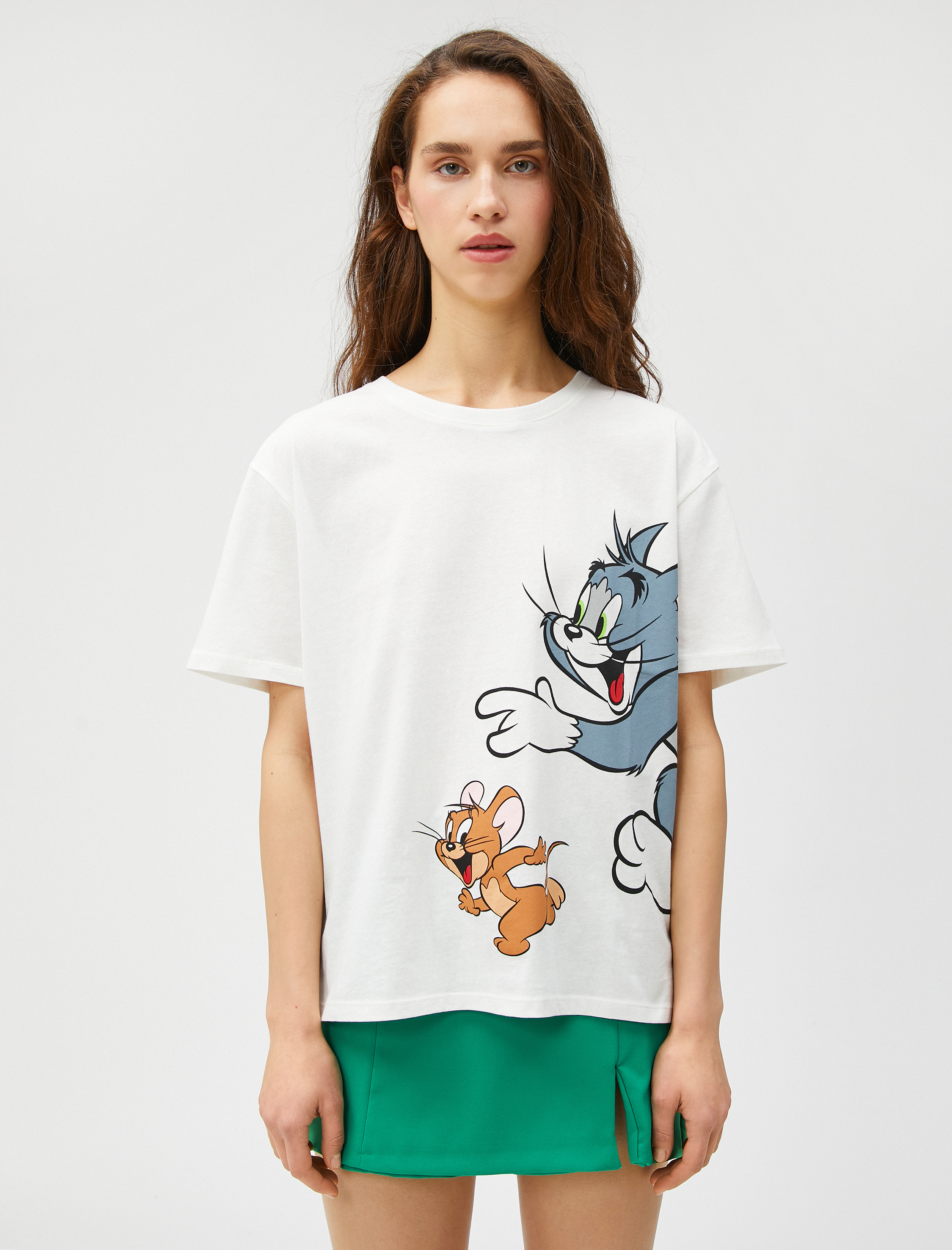   Tom ve Jerry Tişört Oversize Baskılı Lisanslı Kısa Kollu Bisiklet Yaka