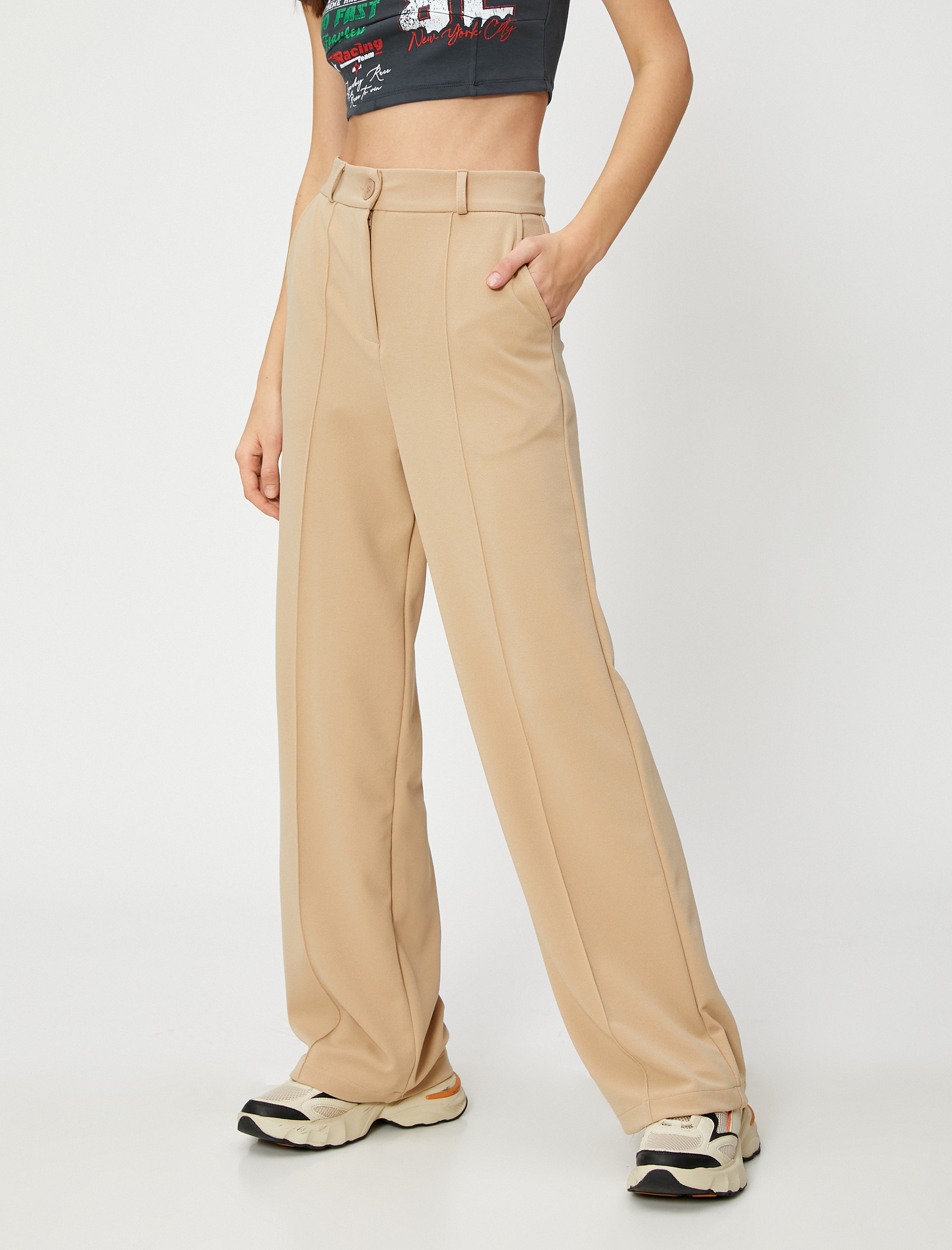   Kumaş Pantolon Düz Paça Nervürlü Cep Detaylı Düğmeli