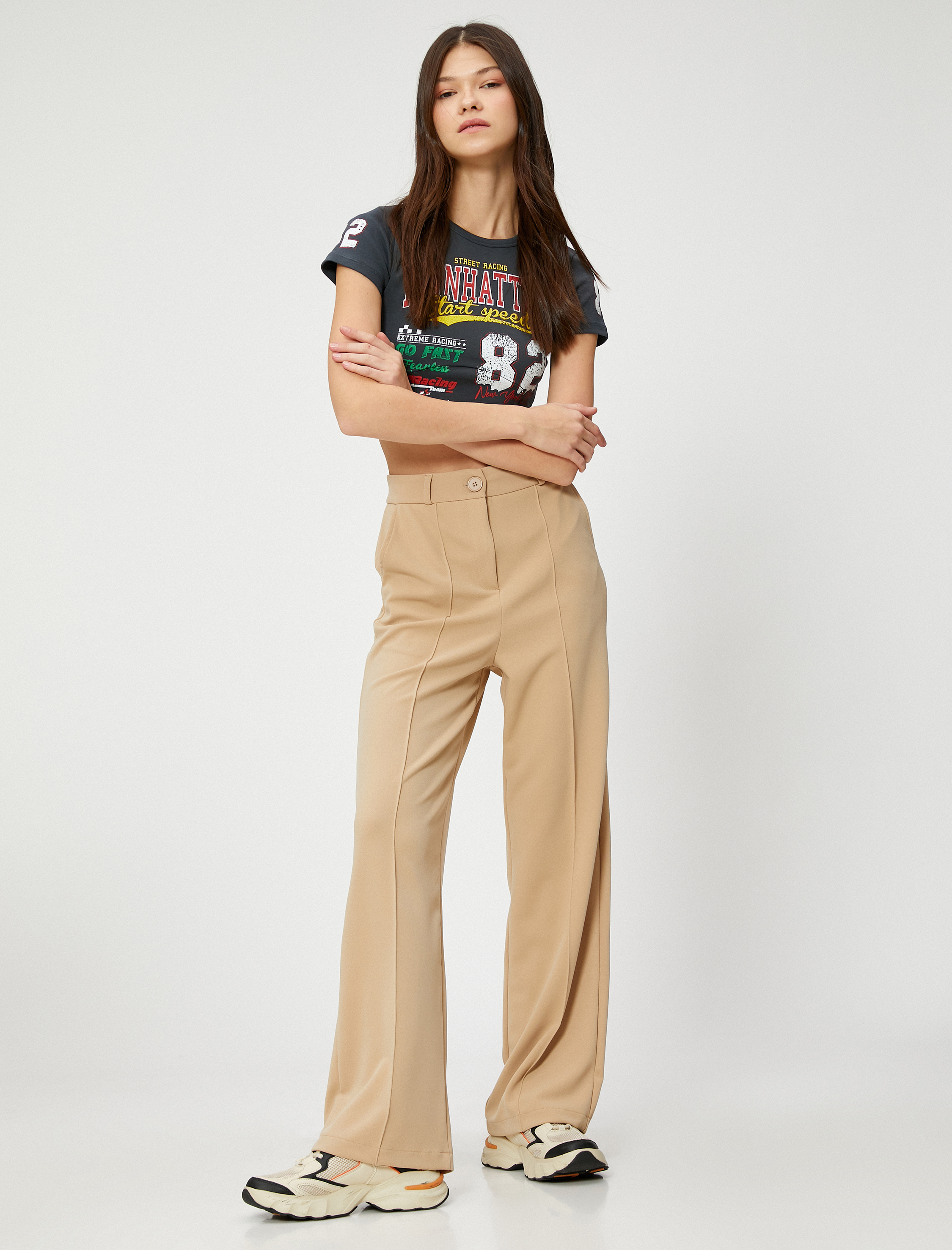   Kumaş Pantolon Düz Paça Nervürlü Cep Detaylı Düğmeli