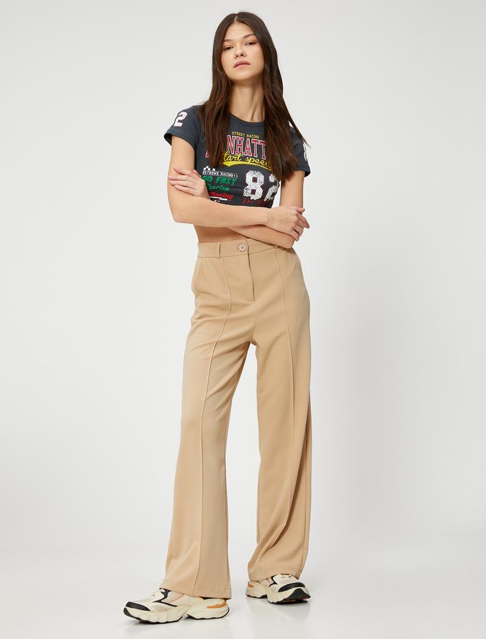  Kumaş Pantolon Düz Paça Nervürlü Cep Detaylı Düğmeli